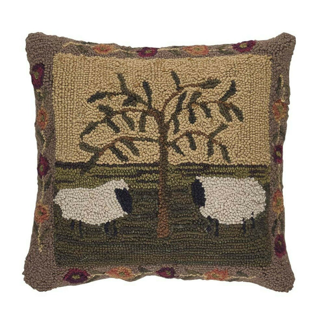 Primitive/Country Folk art Hooked 18" Pillow Willow & Sheep w/insert - The Primitive Pineapple Collection