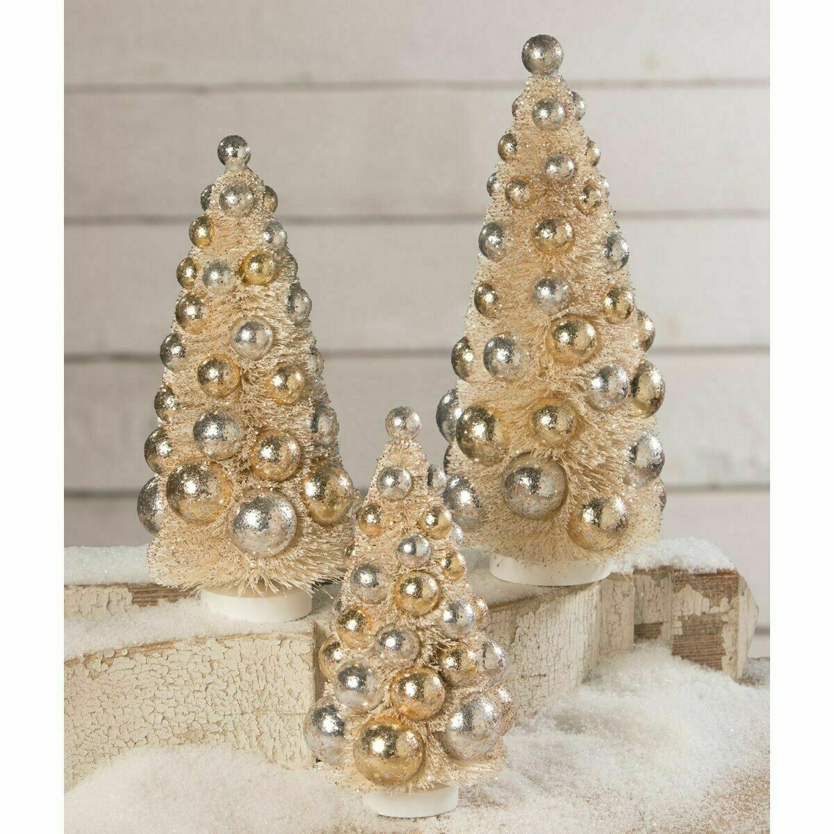 Bethany Lowe Christmas Silver &amp; Gold Bottle Brush Trees 3pc LC9578 - The Primitive Pineapple Collection