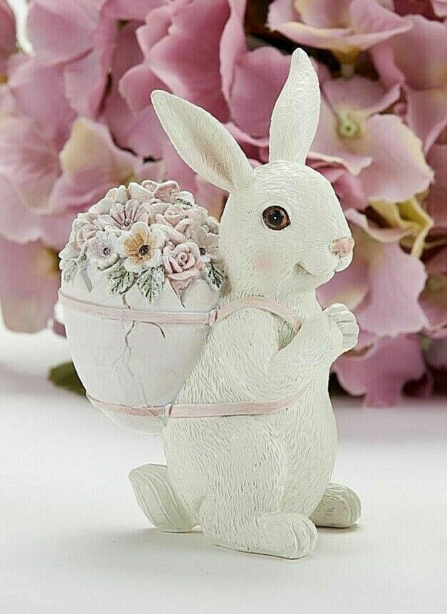 Country/ Cottage Spring/Easter 4.9&quot; Resin Blush Bunny w/ Backpack Figurine - The Primitive Pineapple Collection