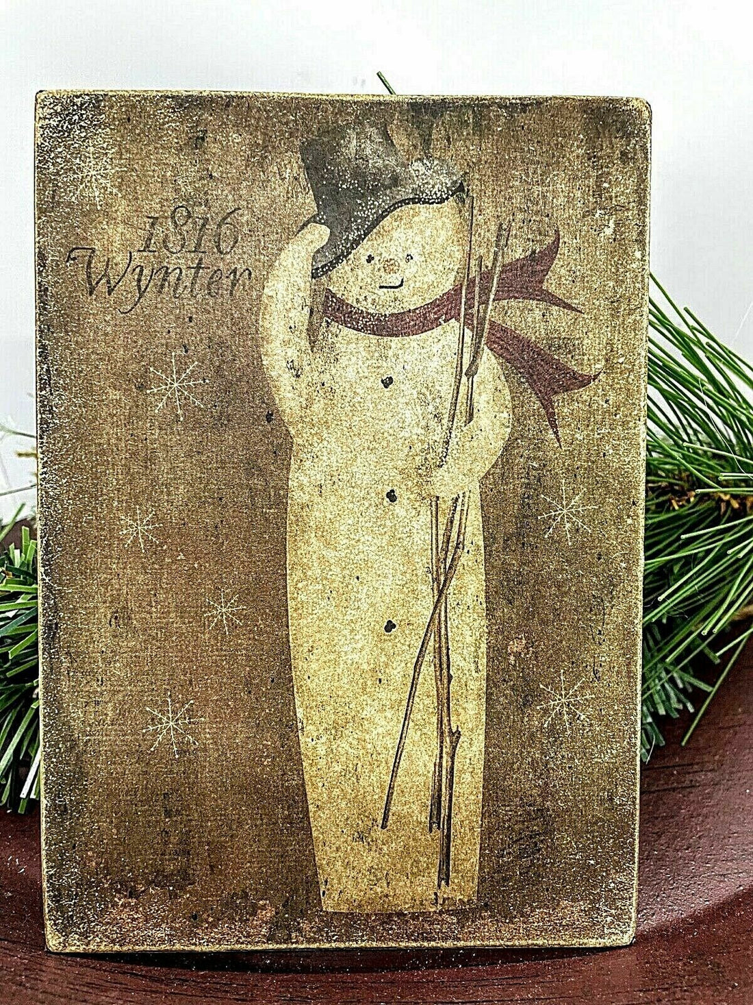 Primitive Christmas Handmade Vintage Post Card Snowman 5” x 7” Canvas Plaque - The Primitive Pineapple Collection