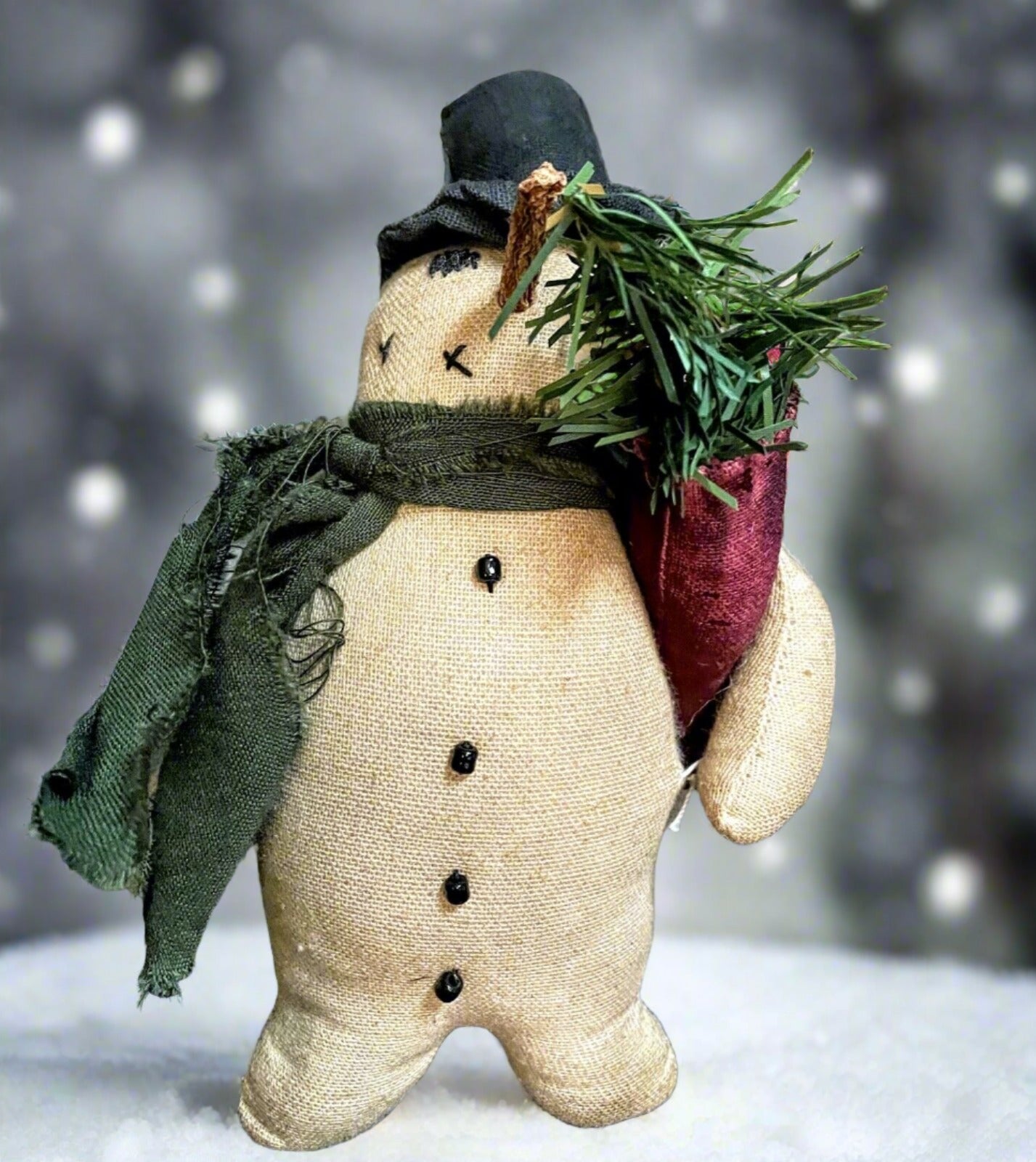 Primitive Handmade Christmas Snowman w/ Stocking 9&quot; - The Primitive Pineapple Collection