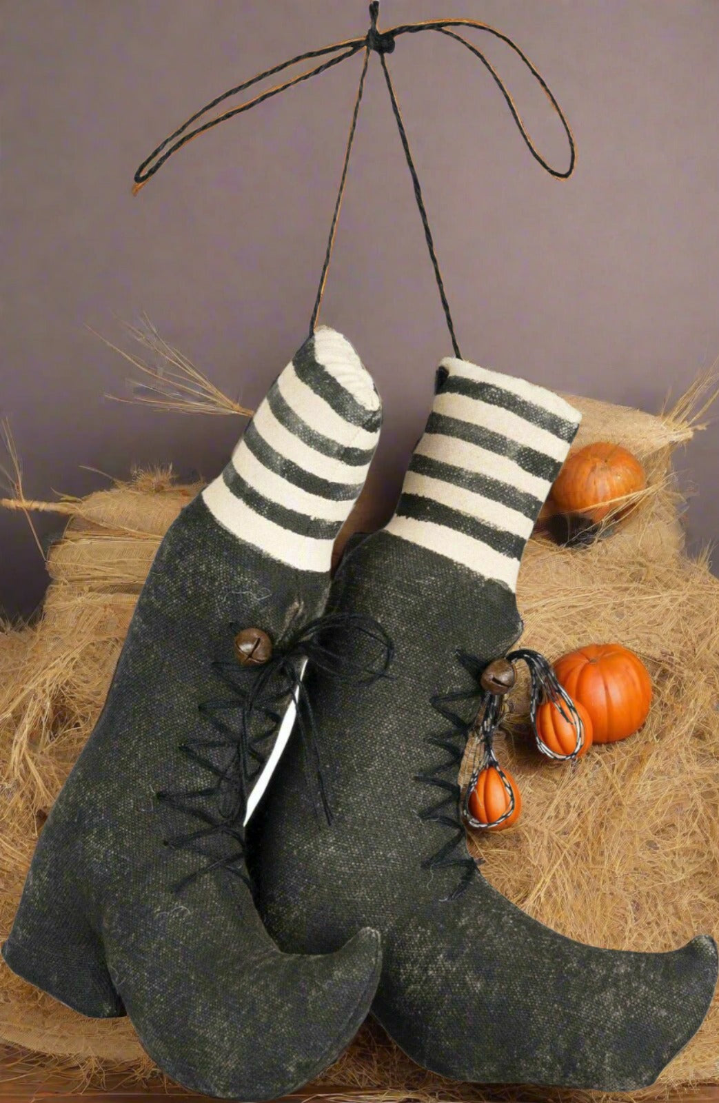 Primitive Halloween Canvas Hanging Witch Boots 6” x 8" - The Primitive Pineapple Collection
