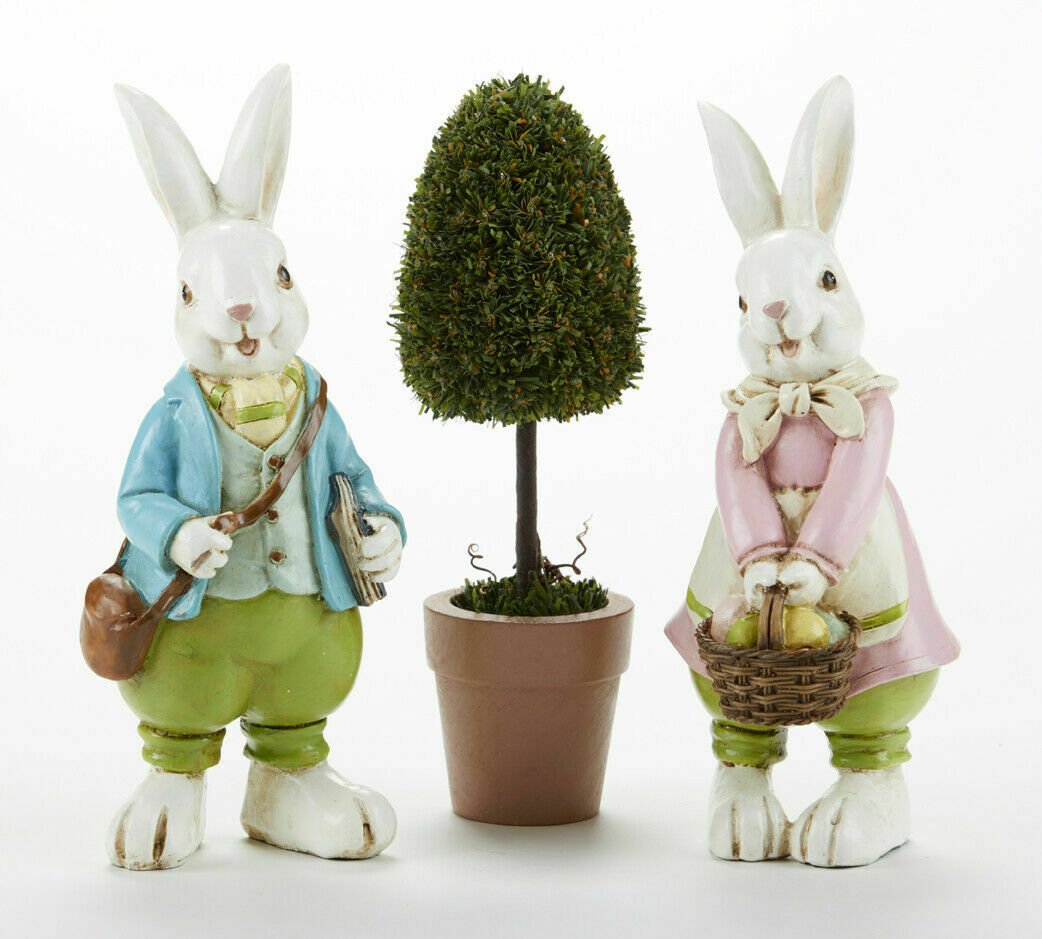 Country/Cottage Spring/Easter Resin Victorian Bunny 2 pc 7.7&quot; - The Primitive Pineapple Collection