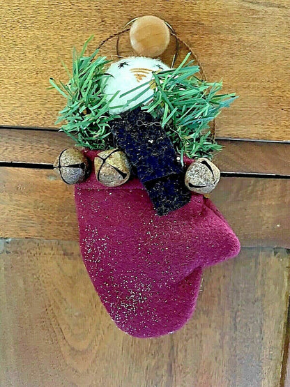 Primitive Christmas Snowman Hanging Mitten Rusty Bells Grungy Handmade USA - The Primitive Pineapple Collection