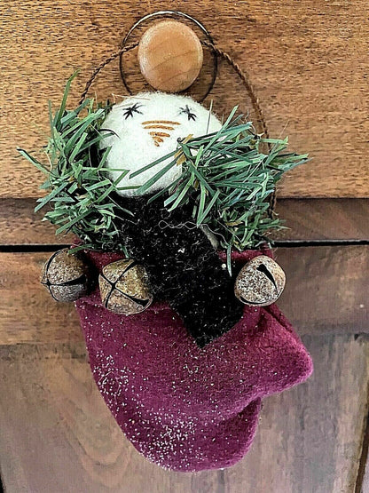 Primitive Christmas Snowman Hanging Mitten Rusty Bells Grungy Handmade USA - The Primitive Pineapple Collection