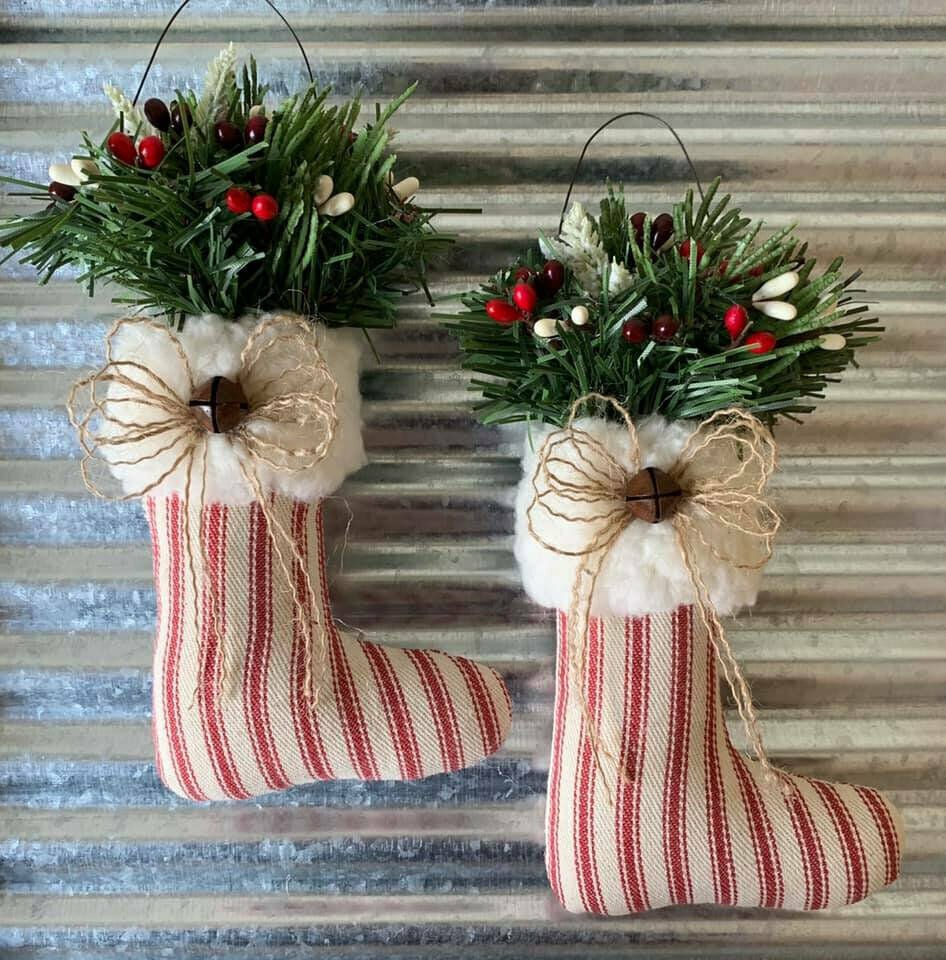 Christmas Primitive Country Handmade Red/White Ticking Stockings w/ Greens Ornie - The Primitive Pineapple Collection