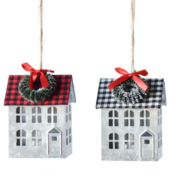 Christmas Metal Light Up Plaid Roof Farmhouse Ornament Light up 2 styles - The Primitive Pineapple Collection