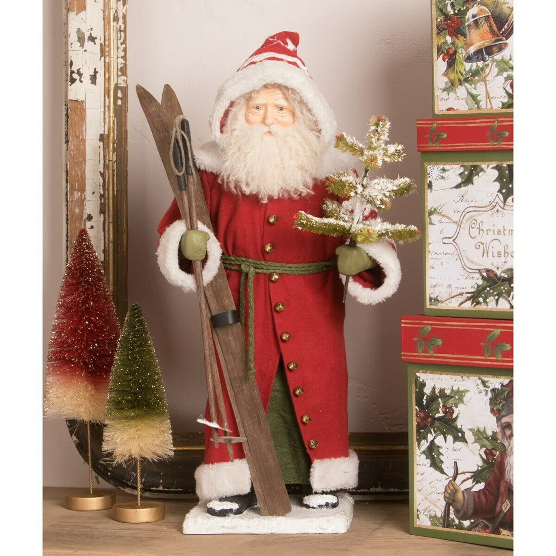 Bethany Lowe Large Vintage Santa w/Skis TD0026 - The Primitive Pineapple Collection