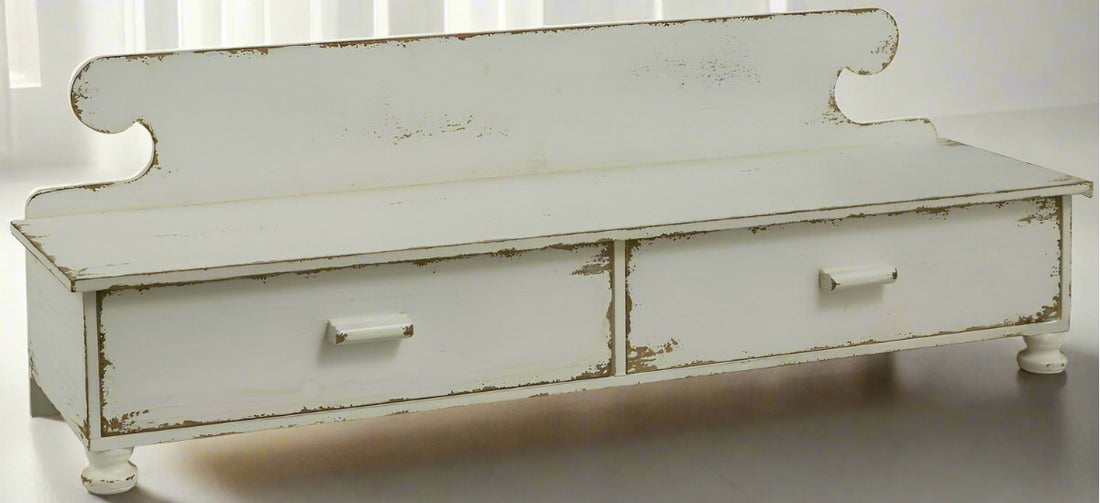 Primitive Aged White Counter Shelf Vintage Look Farmhouse Rustic Drawers Footed - The Primitive Pineapple Collection