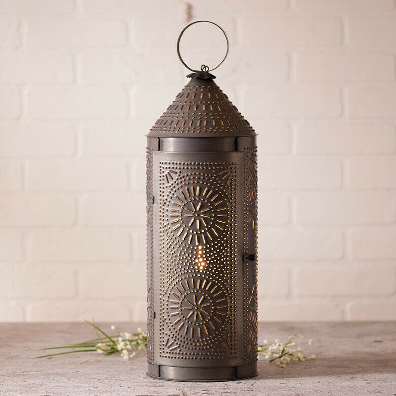 Primitive/Country 22-Inch Chimney Lantern Rustic Punched Tin Black - The Primitive Pineapple Collection