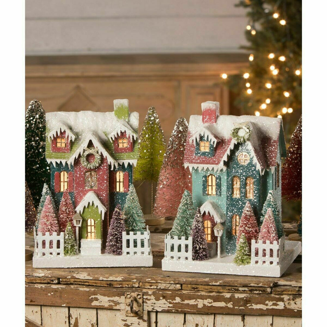 Bethany Lowe Christmas Vintage Jeweltide Putz Houses 2pc LC0670 - The Primitive Pineapple Collection