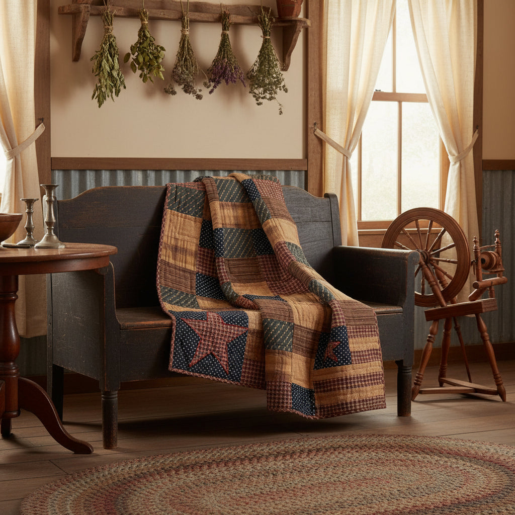 Primitive/Farmhouse 60"x50” Patriotic Patchwork Hanging quilt Throw - The Primitive Pineapple Collection