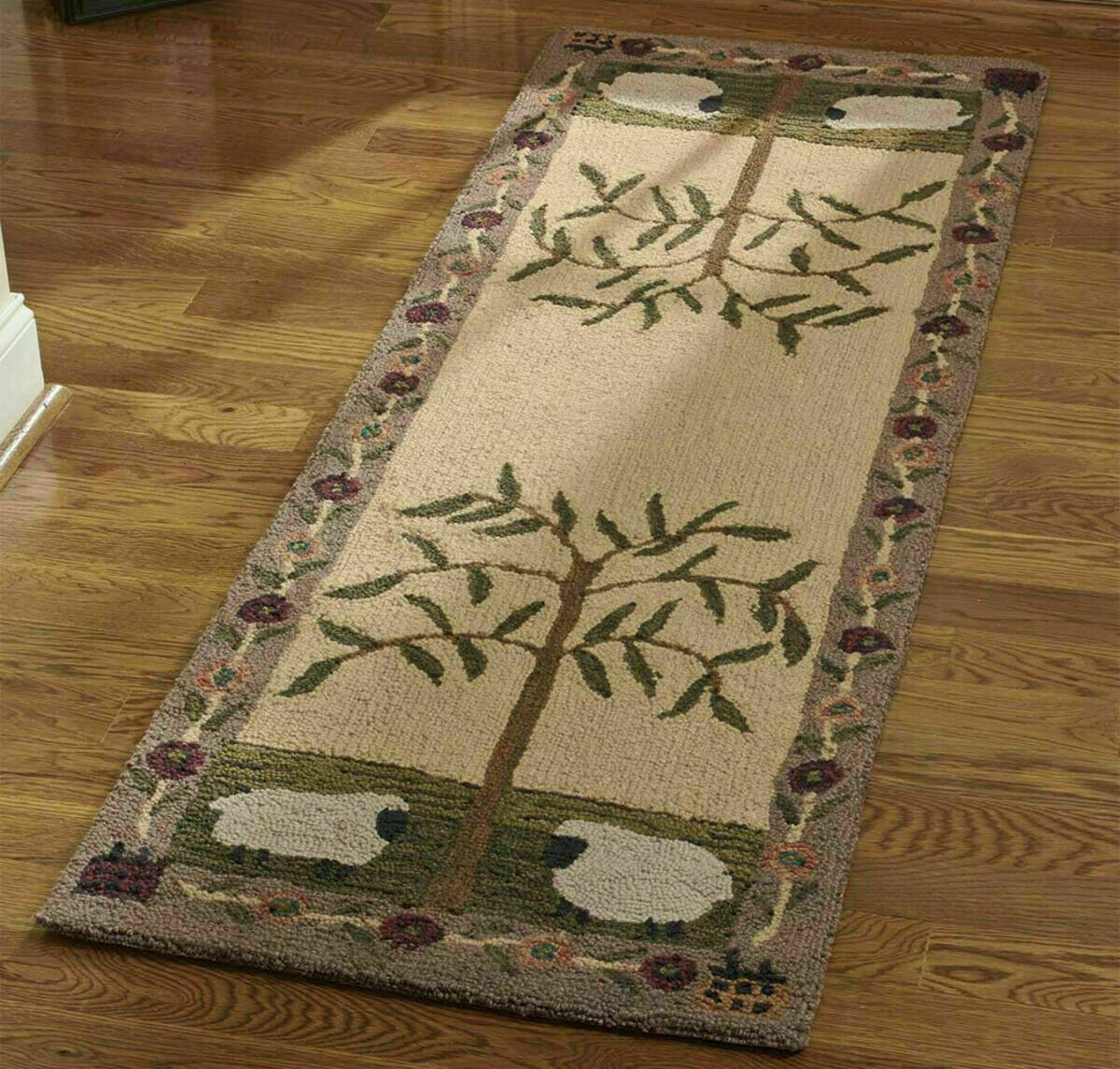 Primitive Willow &amp; Sheep Hooked Rug Runner Hand-Crafted - 2&