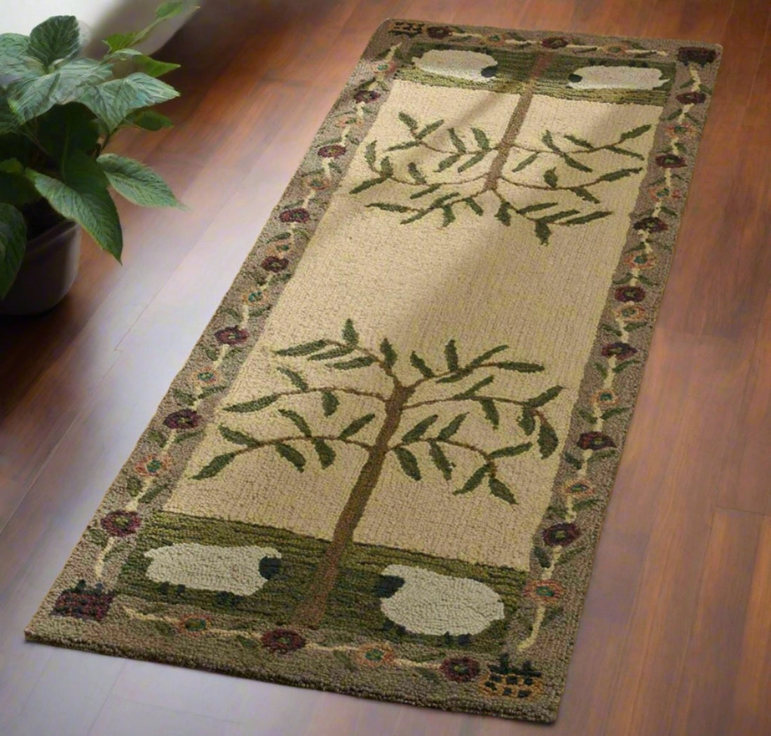 Primitive Willow & Sheep Hooked Rug Runner Hand-Crafted - 2&