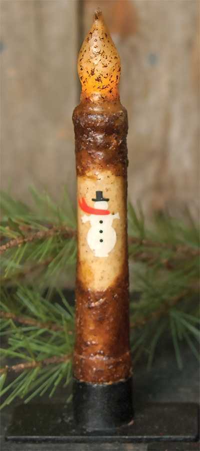 Primitive/Country 6&quot; Burnt Mustard Snowman LED Timer Taper Candle - The Primitive Pineapple Collection