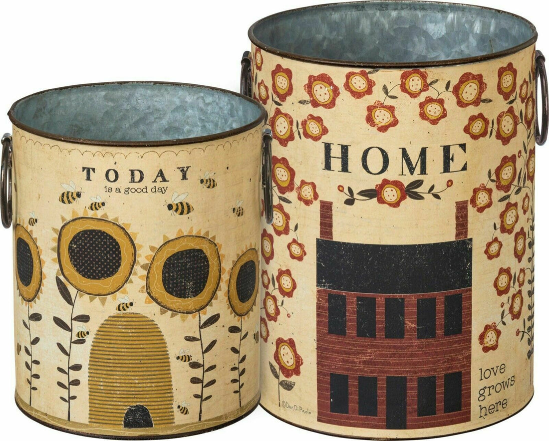 Primitive/Farmhouse 2 pc Sunflower/Bee Home Buckets &quot;Love grows Here&quot; - The Primitive Pineapple Collection