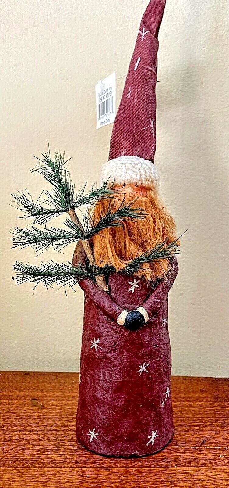 Primitive Folk Art Santa Christmas Figurine with Feather Tree 8&quot; Inch - The Primitive Pineapple Collection