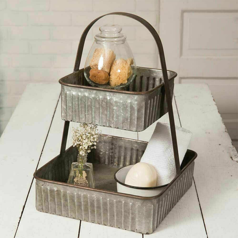 Primitive/Farmhouse Kitchen Two-Tiered Corrugated Square Tray Storage - The Primitive Pineapple Collection