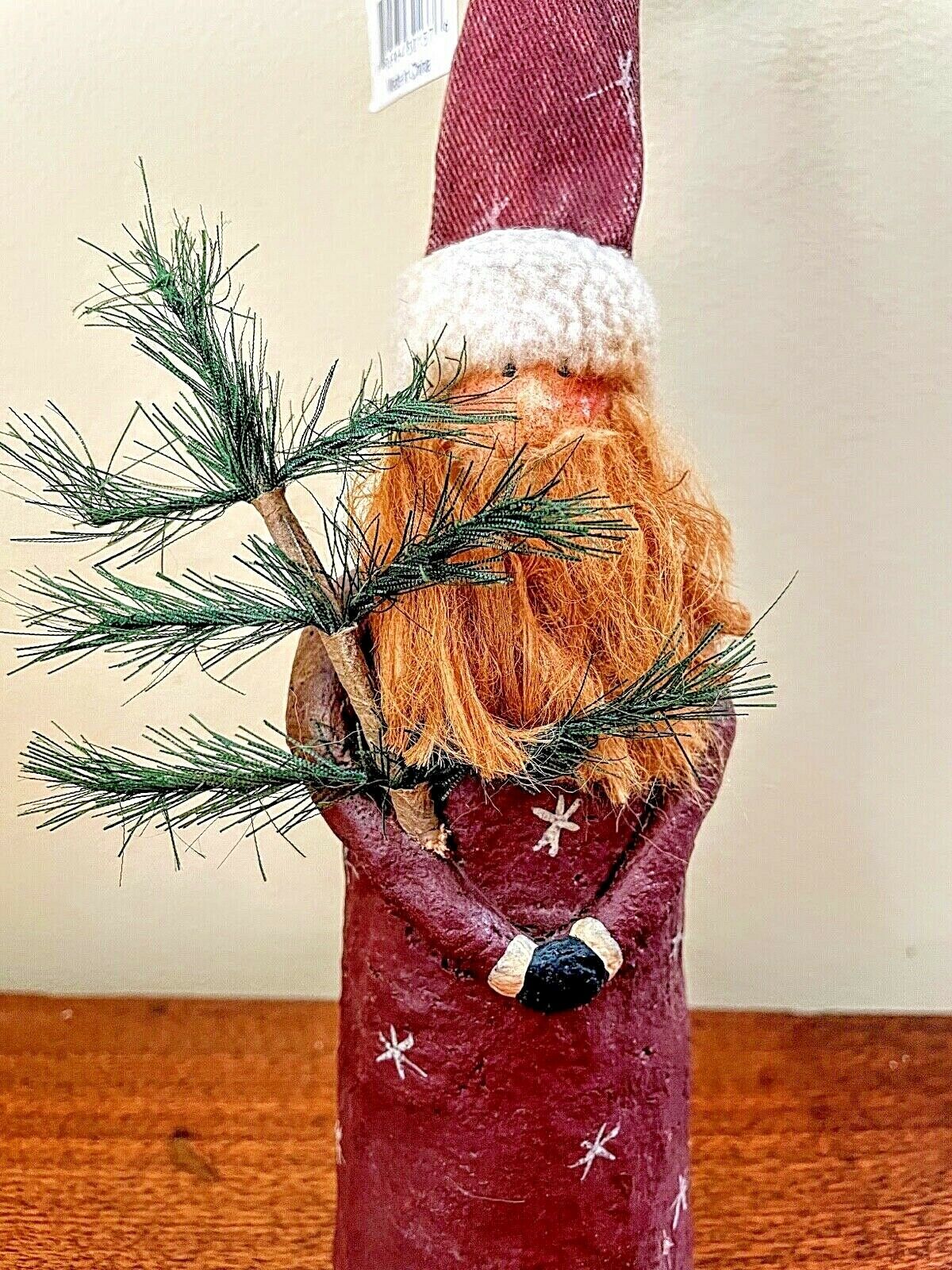 Primitive Folk Art Santa Christmas Figurine with Feather Tree 8&quot; Inch - The Primitive Pineapple Collection