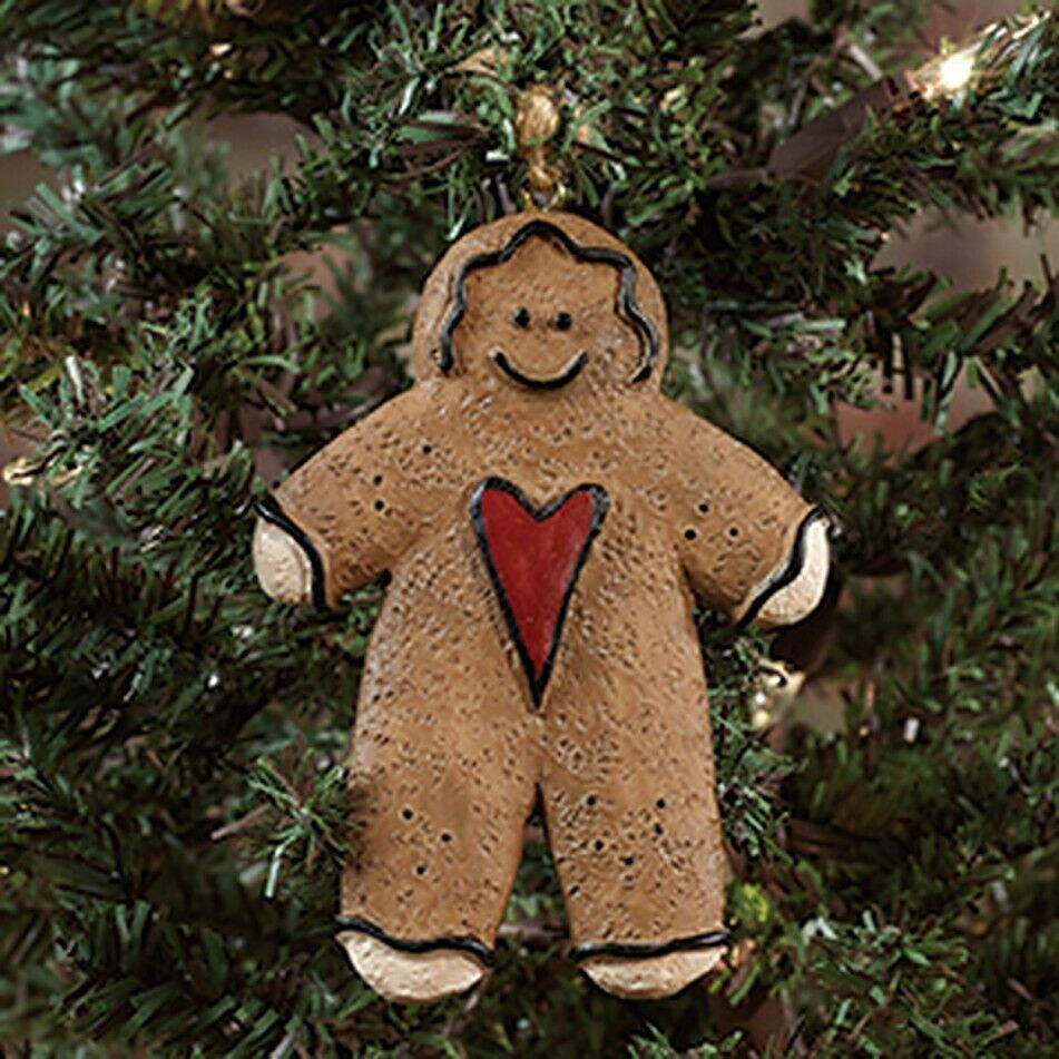 Primitive Country 3.25&quot; Resin Gingerbread Boy with Heart Ornament - The Primitive Pineapple Collection
