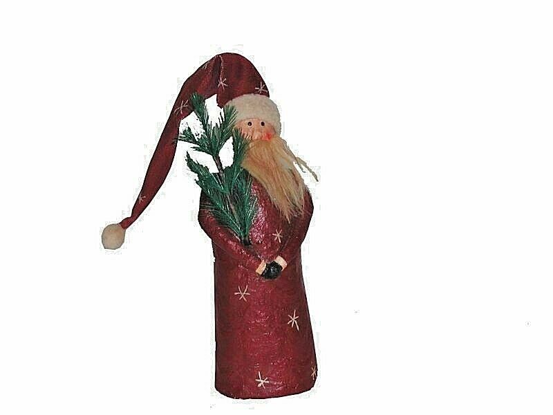 Primitive Folk Art Santa Christmas Figurine with Feather Tree 8&quot; Inch - The Primitive Pineapple Collection