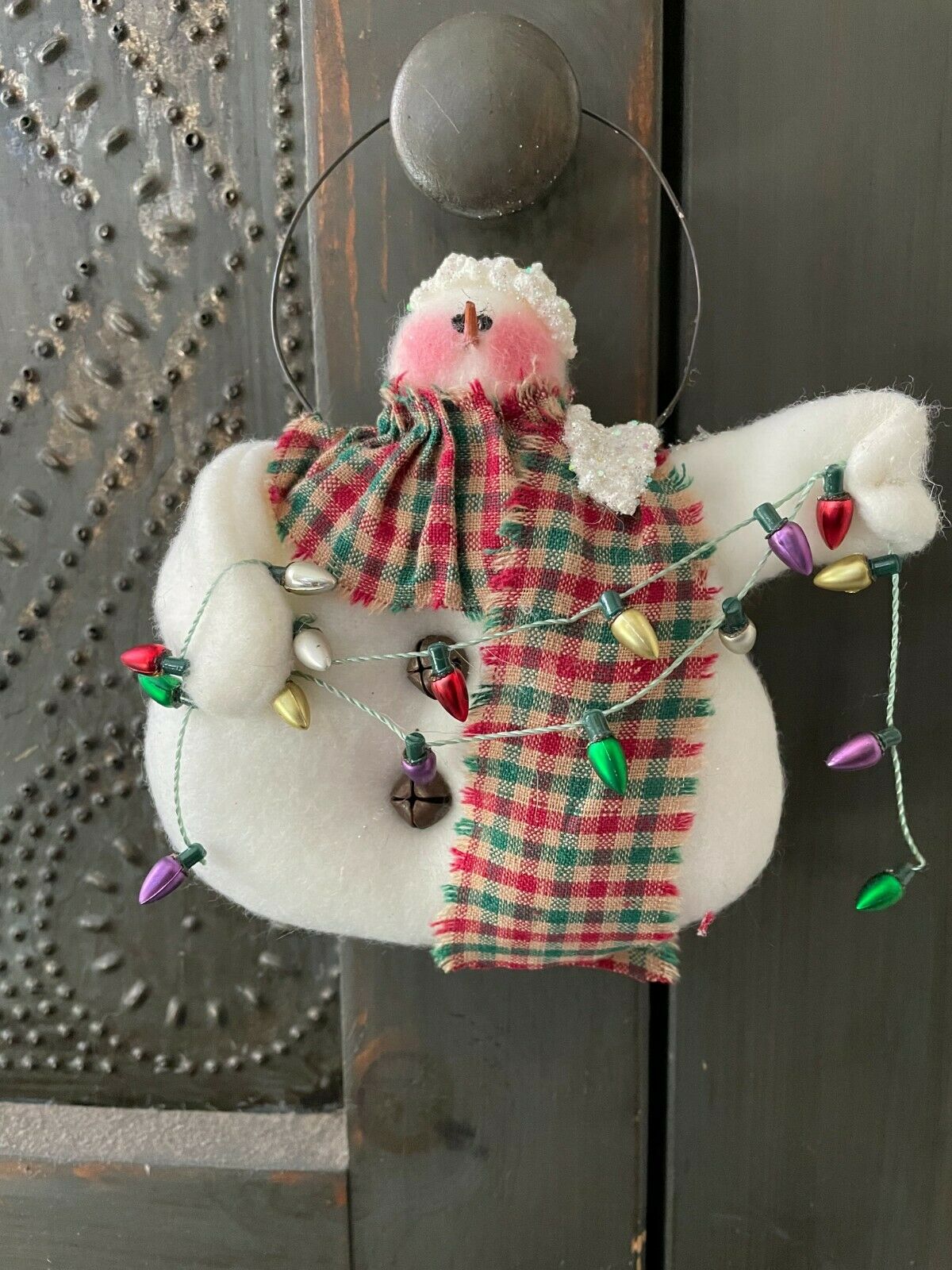 Primitive Handmade Christmas Snowman Hanging w/Greens /Lights ornie - The Primitive Pineapple Collection