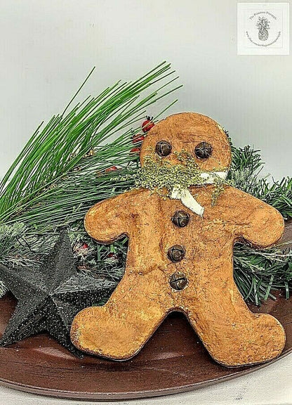 Primitive 9” Handmade Hanging Gingerbread Man Rusty Bells Bowl Filler. - The Primitive Pineapple Collection