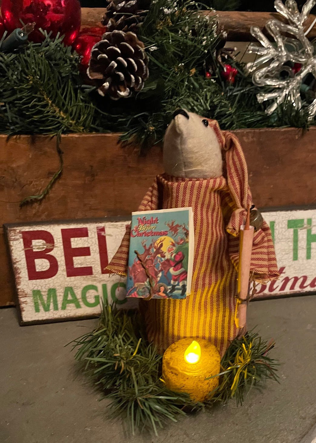 Primitive Handmade Night Before Christmas Mouse with Prim Tealight Candle - The Primitive Pineapple Collection