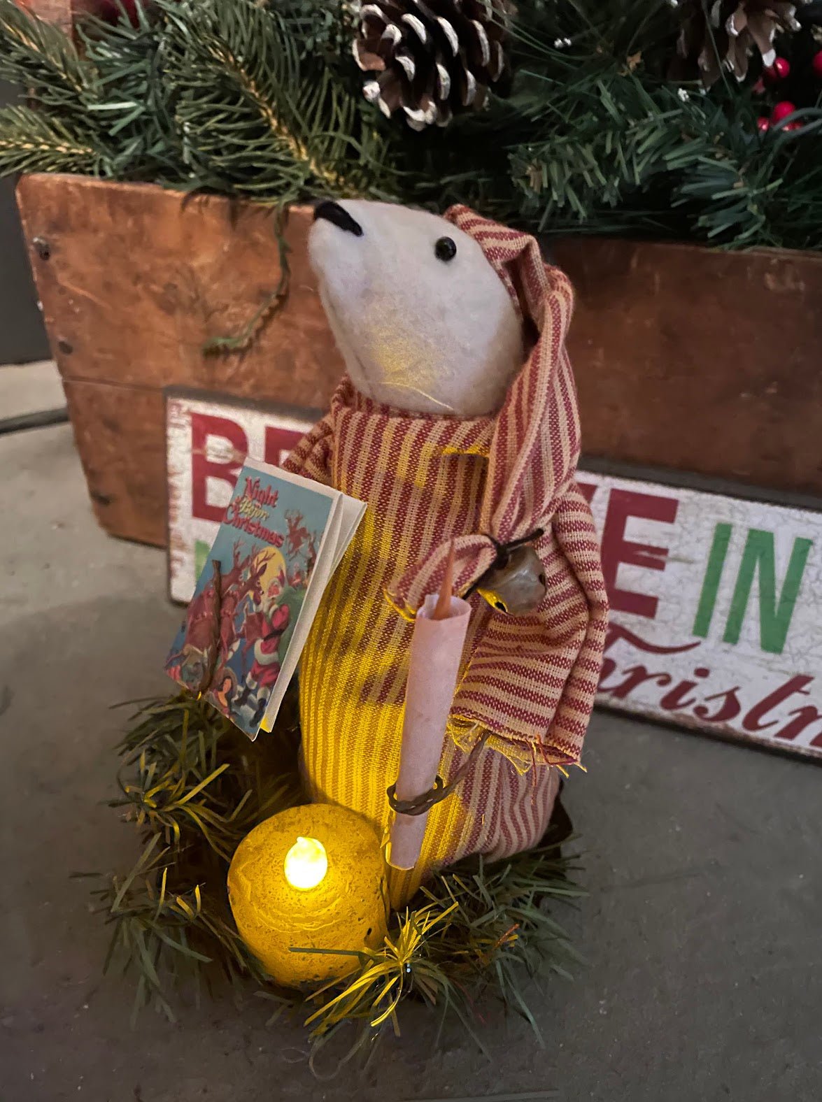 Primitive Handmade Night Before Christmas Mouse with Prim Tealight Candle - The Primitive Pineapple Collection