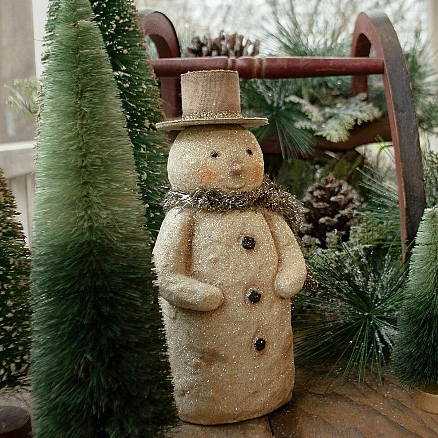 Christmas Ragon House 8.5&quot; Flat Bottom Snowman w Holiday Scarf - The Primitive Pineapple Collection