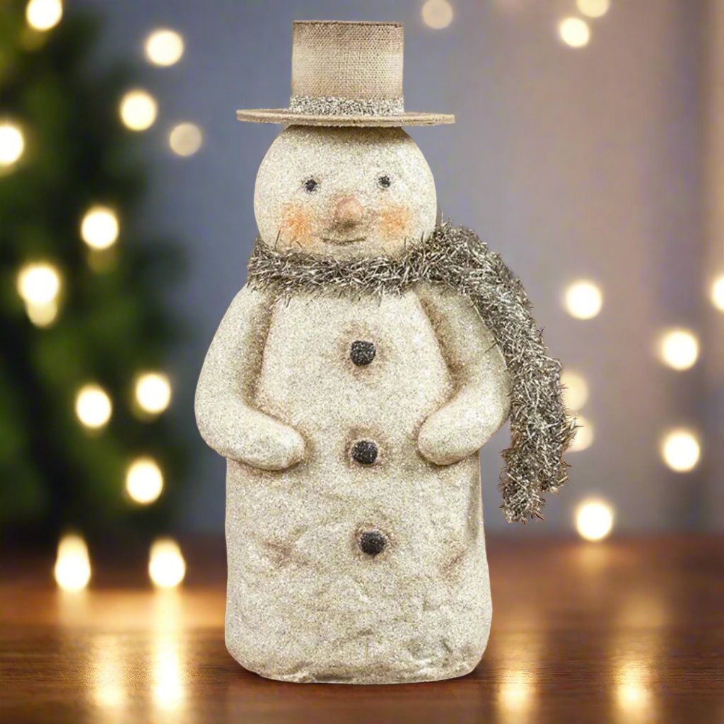 Christmas Ragon House 8.5&quot; Flat Bottom Snowman w Holiday Scarf - The Primitive Pineapple Collection