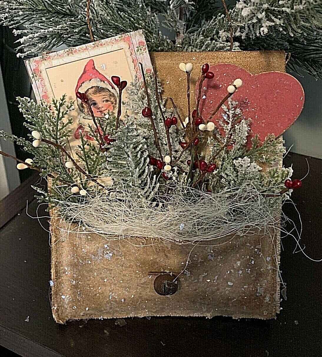 Primitive Valentines Day Handmade Hanging Cupid Pocket Greens Berries 8”x7&quot; - The Primitive Pineapple Collection
