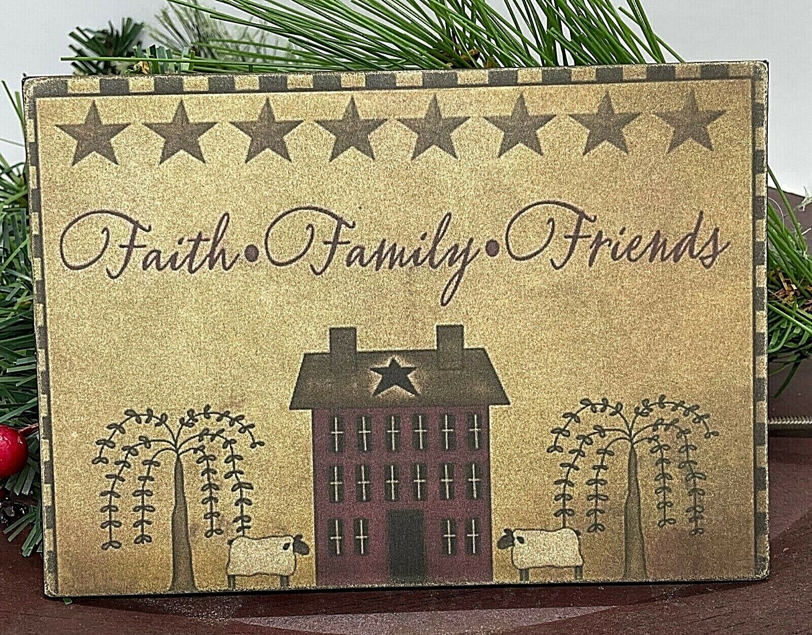 Primitive Handmade Vintage Postcard 5”x7” Canvas Plaque Faith Family Friends - The Primitive Pineapple Collection