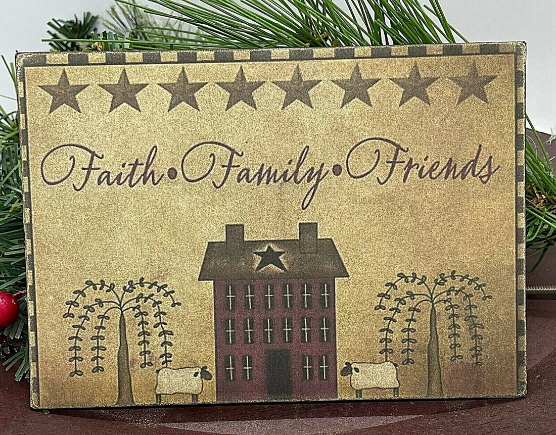 Primitive Handmade Vintage Postcard 5”x7” Canvas Plaque Faith Family Friends - The Primitive Pineapple Collection