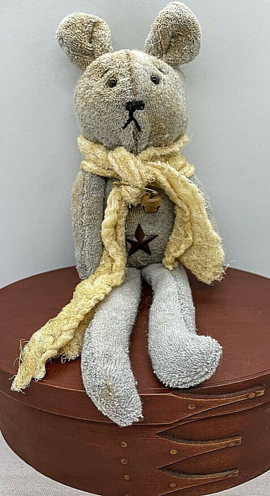 Primitive Handcrafted Grungy Floppy Gray Terrycloth Bear with Rusty Star 11&quot; - The Primitive Pineapple Collection