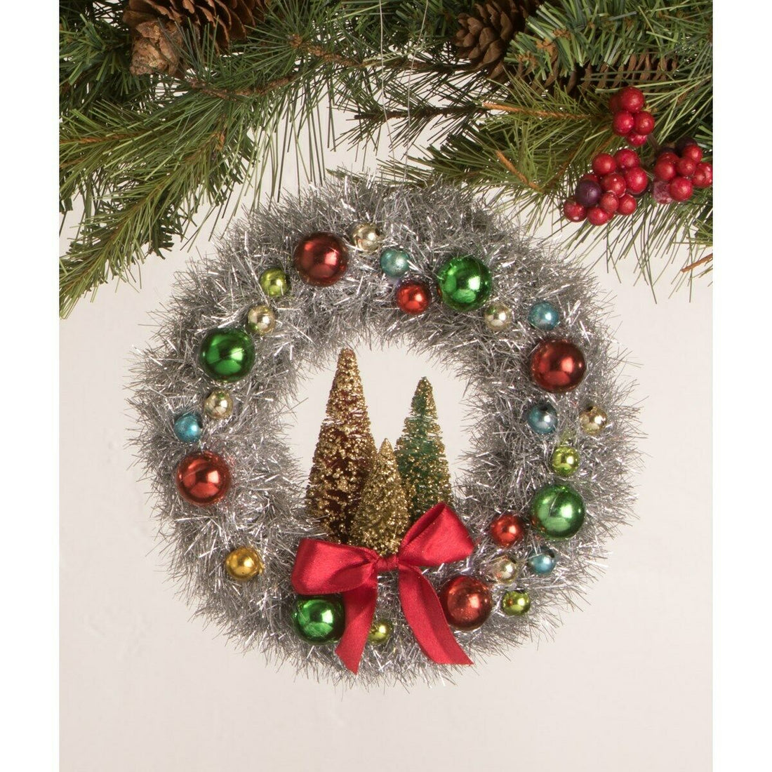 Bethany Lowe Christmas Merry and Bright Tinsel Wreath w Bottle Brush Tree LC0683