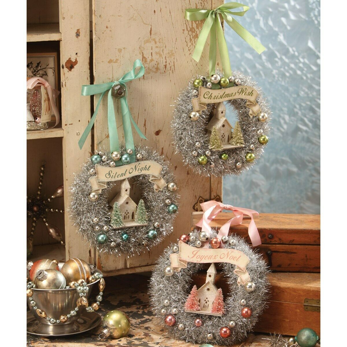 Bethany Lowe Christmas Pastel Bottle Brush Wreath SN6800 3 Styles - The Primitive Pineapple Collection