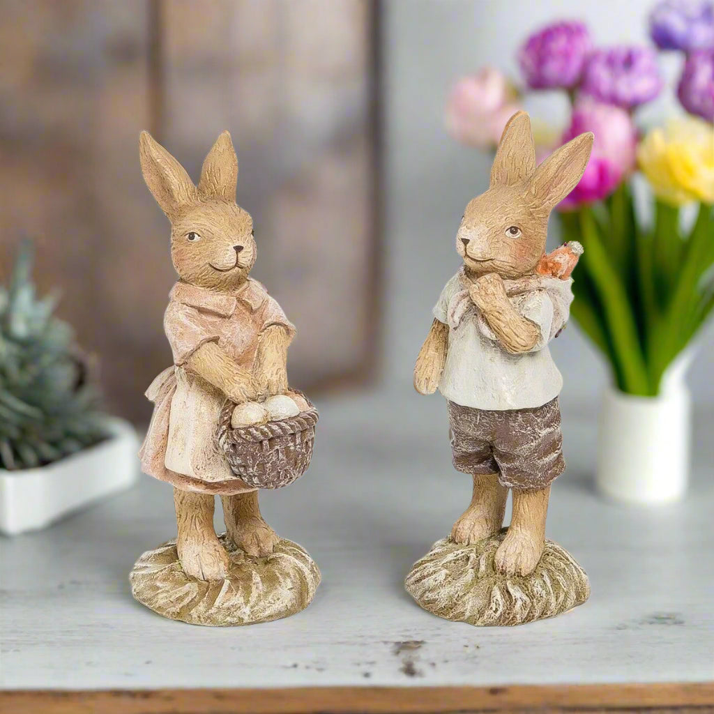 Farmhouse Spring 2 pc Easter Bunnies Boy and Girl w/ Basket Carrots - The Primitive Pineapple Collection
