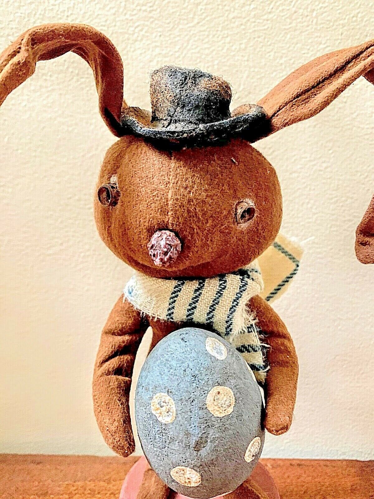 Primitive/Country Handcrafted 10&quot; Bunny w/ Scarf /Egg on Shaker Box Folk Art - The Primitive Pineapple Collection
