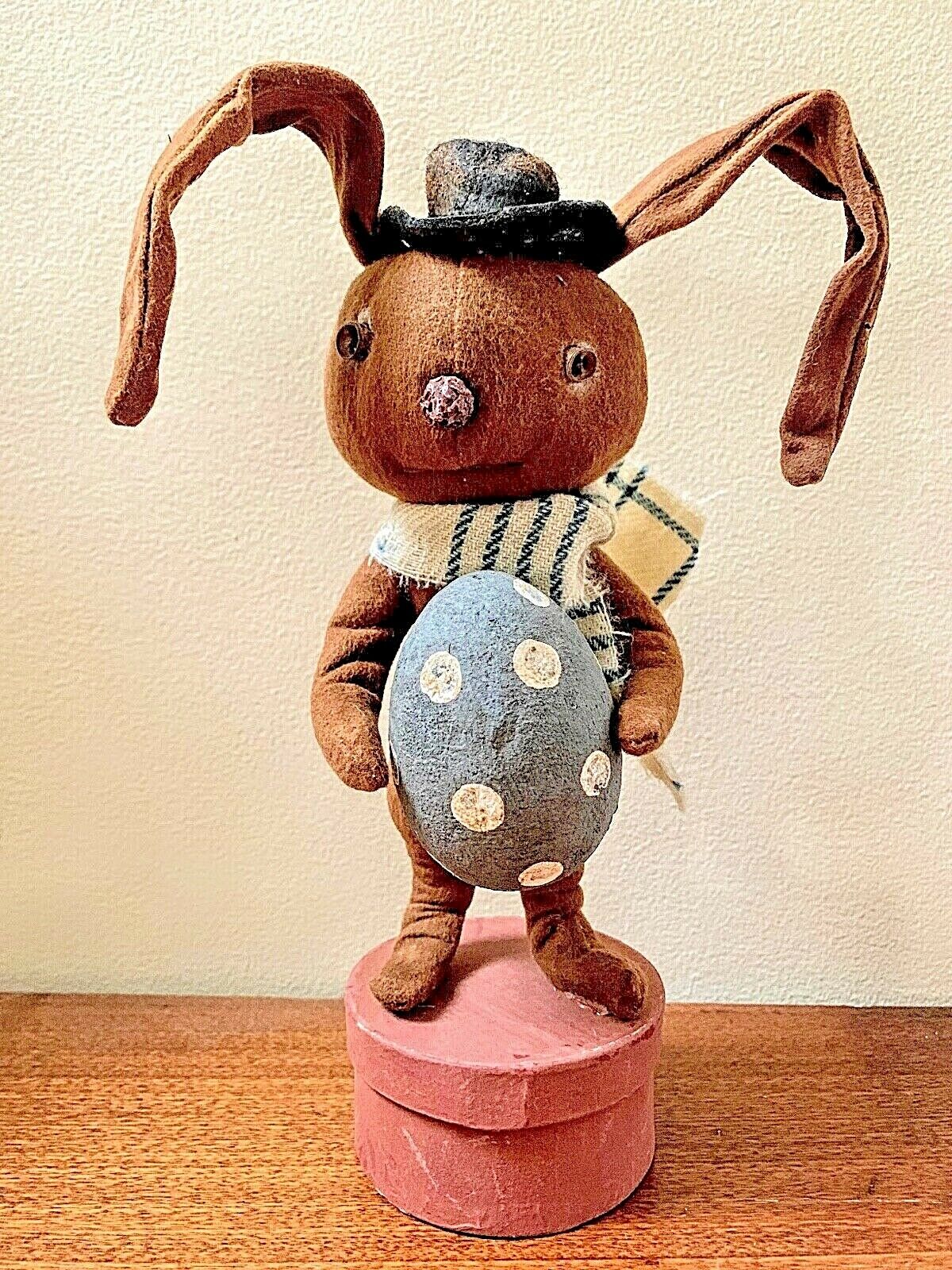 Primitive/Country Handcrafted 10&quot; Bunny w/ Scarf /Egg on Shaker Box Folk Art - The Primitive Pineapple Collection