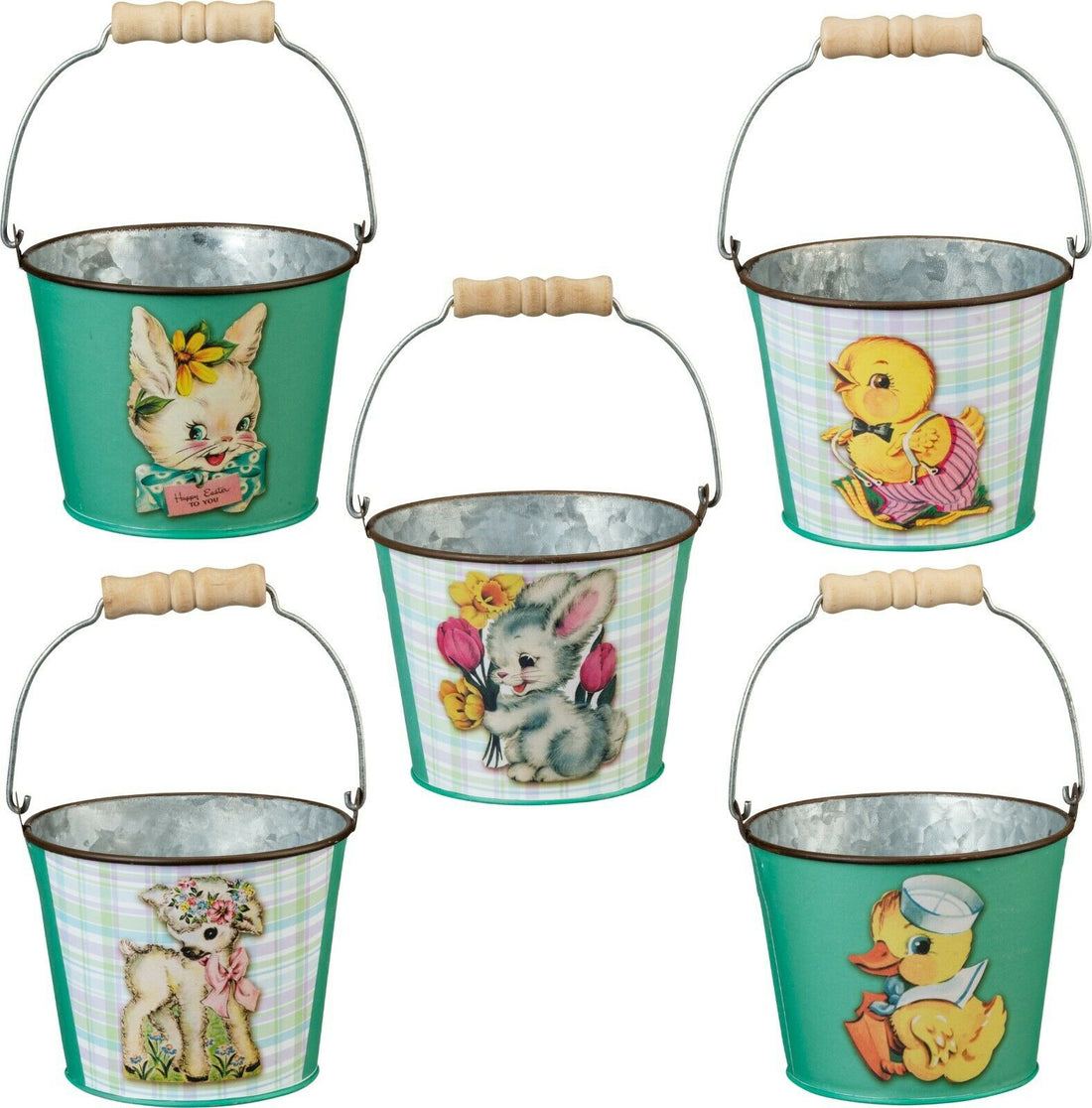 Primitive Retro Vintage Look Easter Metal Bucket 3 Styles Bunny Chick Lamb - The Primitive Pineapple Collection