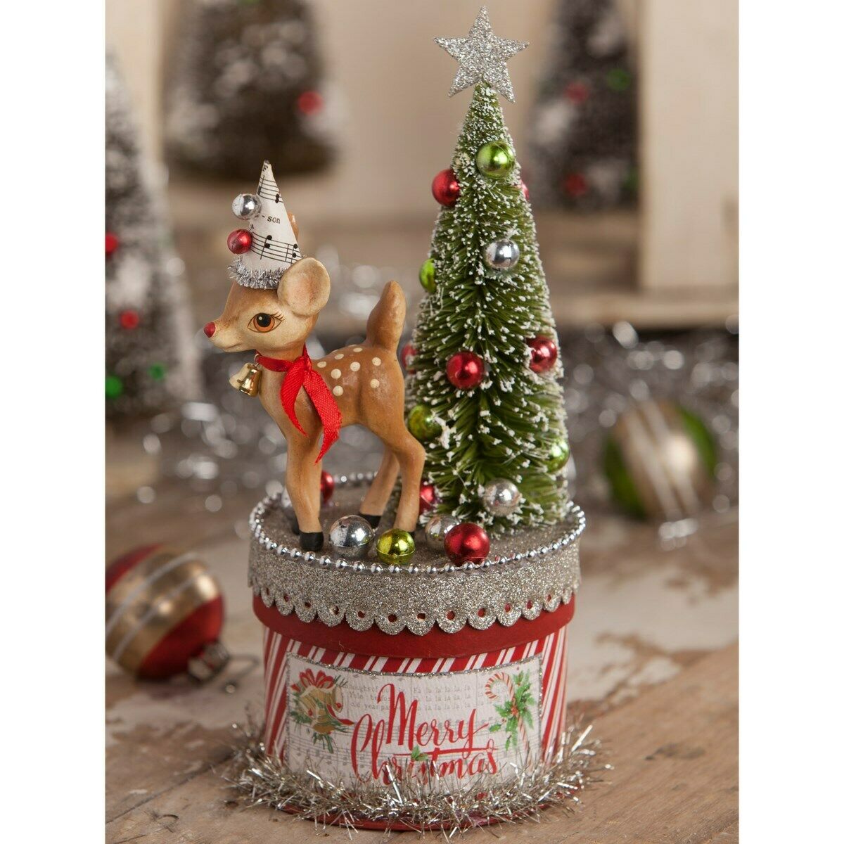 Bethany Lowe Christmas Retro Deer on Box Small TL7833 Bottle Brush tree - The Primitive Pineapple Collection