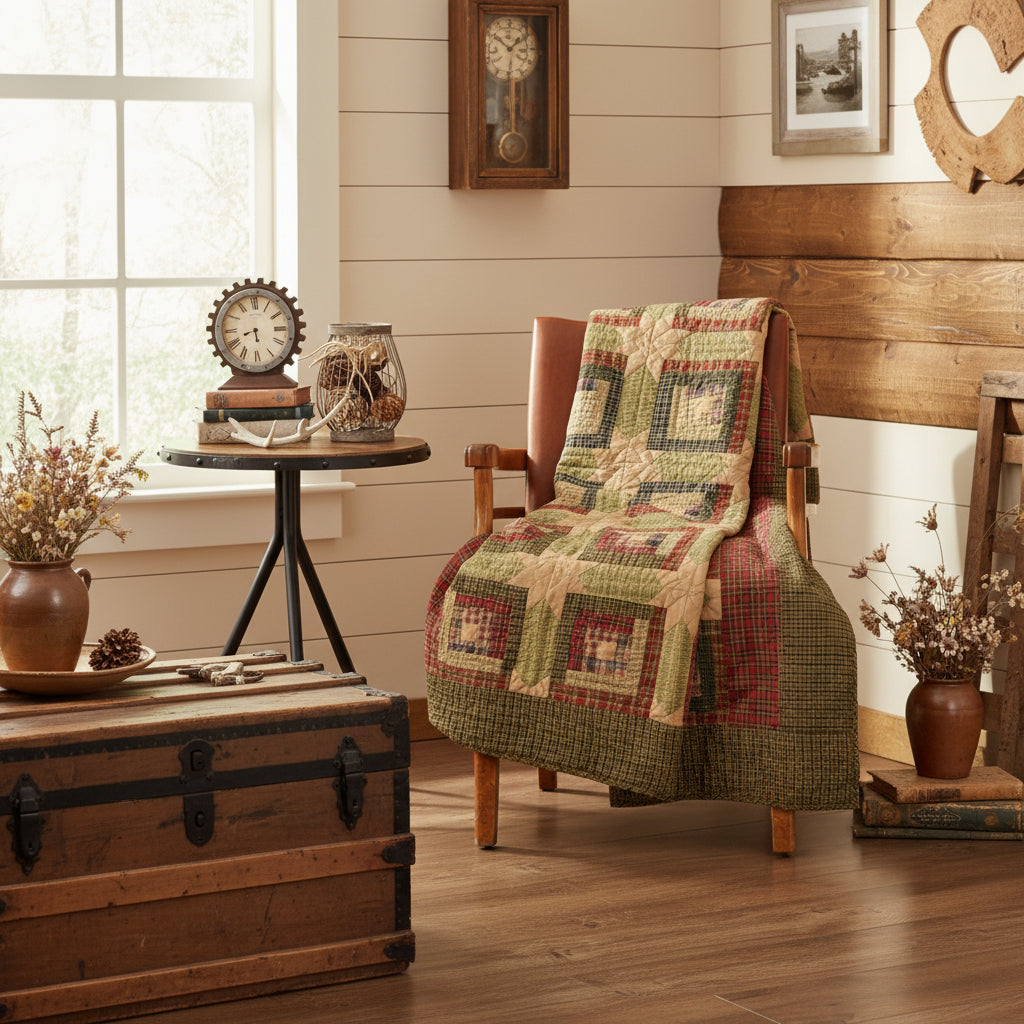 Primitive Tea Cabin Throw 60X50 Log Cabin Patchwork Hand Quilting - The Primitive Pineapple Collection