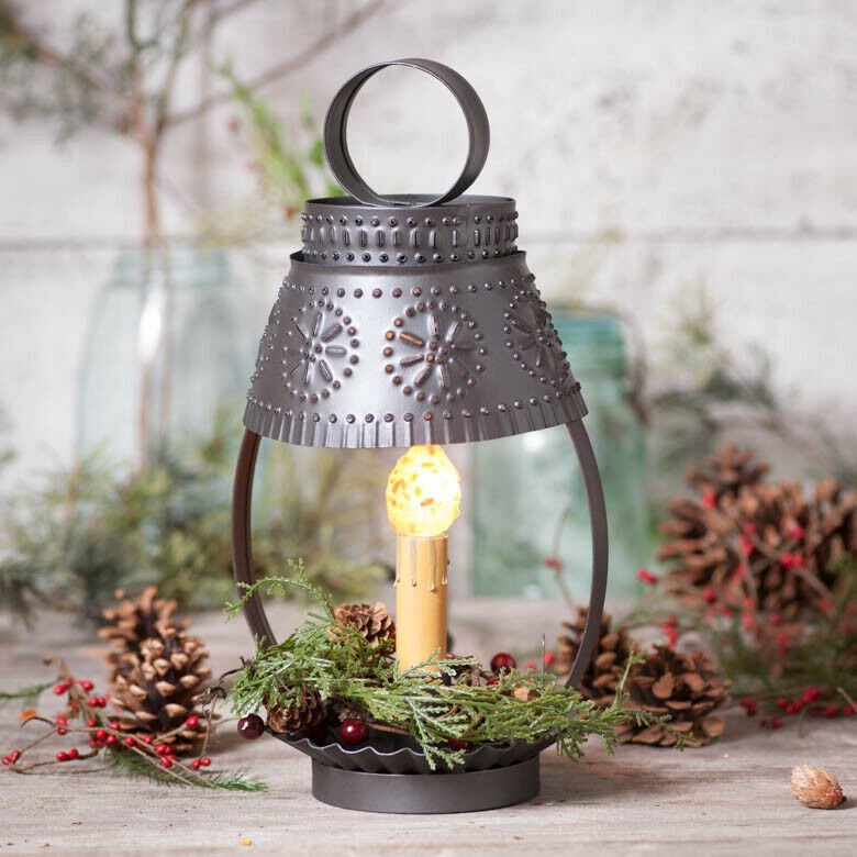 Primitive /Country Tin Single Student Light with Shade in Smokey Black - The Primitive Pineapple Collection