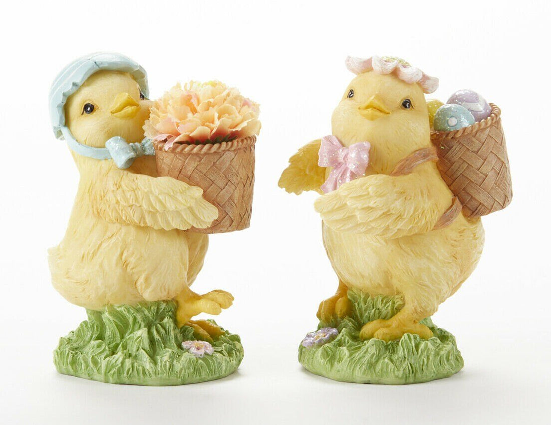 Country/Farmhouse Spring/Easter 4.4&quot; Resin Chicks w/Flower Basket 2 pc set - The Primitive Pineapple Collection