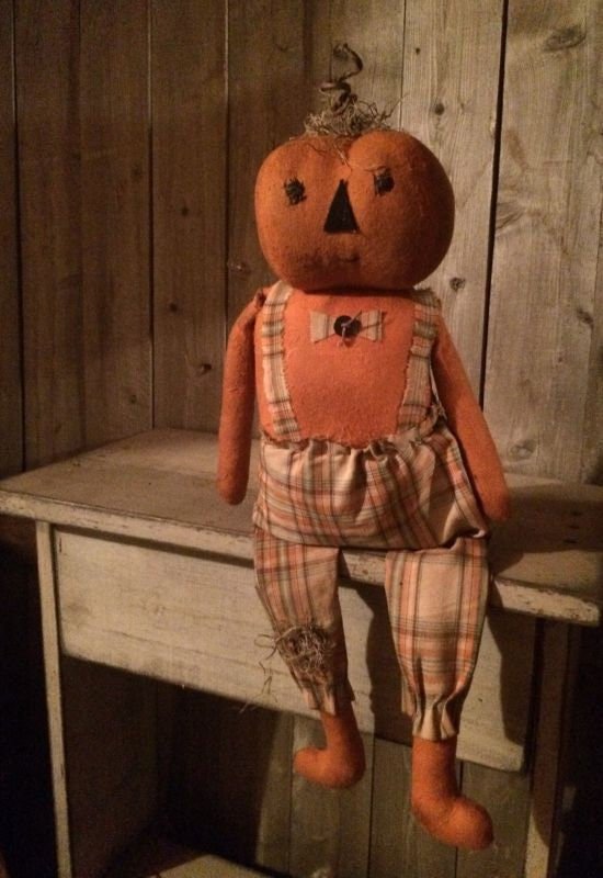 Primitive/Country Pumpkin Bumpkin Boy in Plaid overalls 10&quot; - The Primitive Pineapple Collection