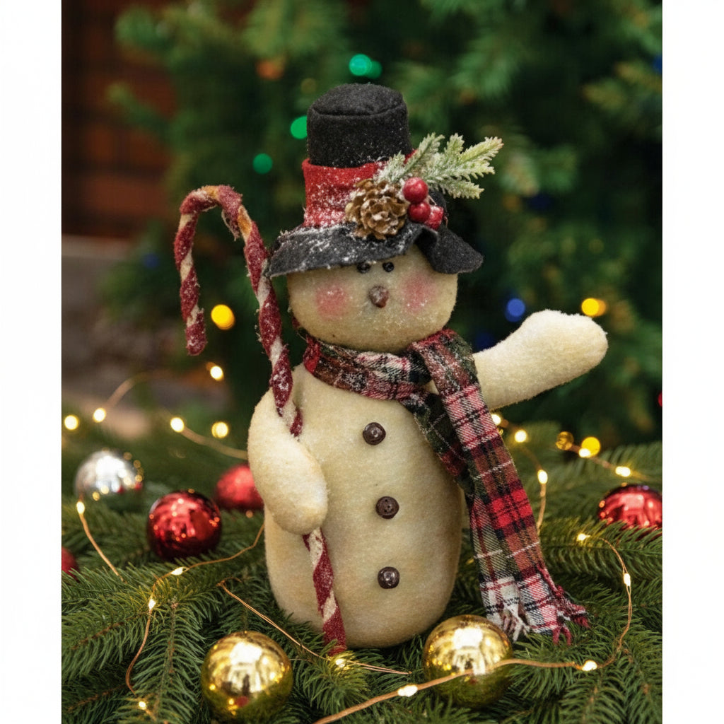 Primitive Farmhouse Plaid Scarf & Top Hat Candy Cane Snowman - The Primitive Pineapple Collection