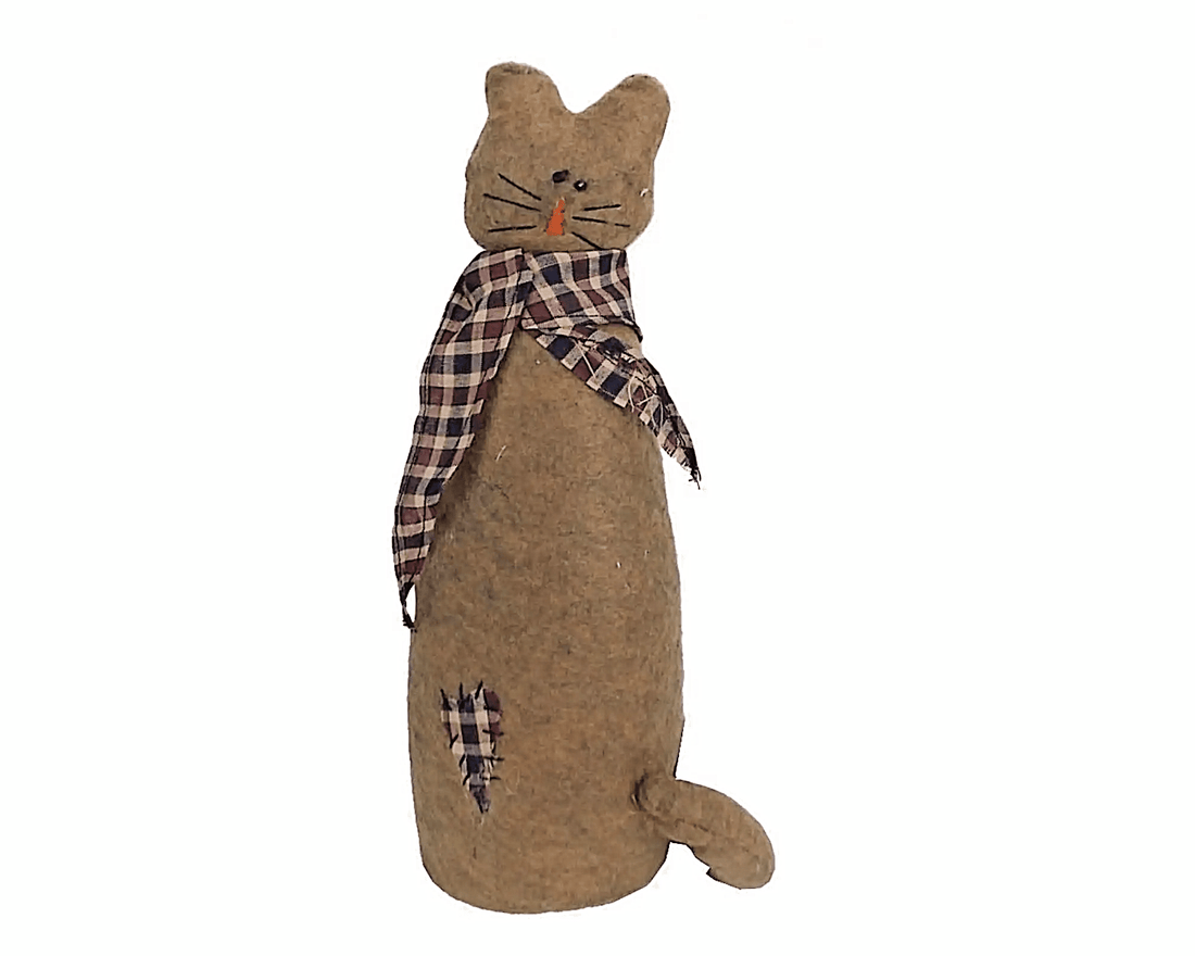 Primitive Country 12&quot; Fabric Cat with Scarf and Appliqué Heart - The Primitive Pineapple Collection