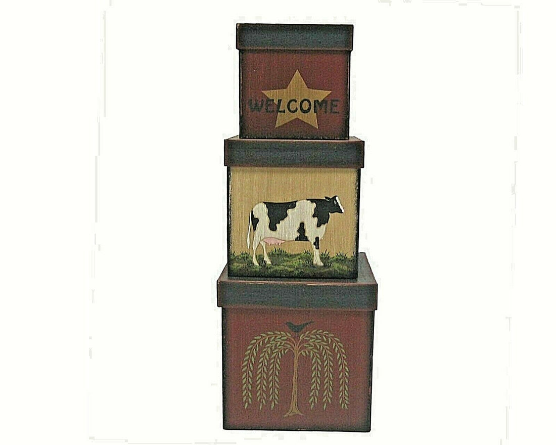 Primitive Farmhouse Welcome Cow Willow Tree 3 pc Nesting Boxes