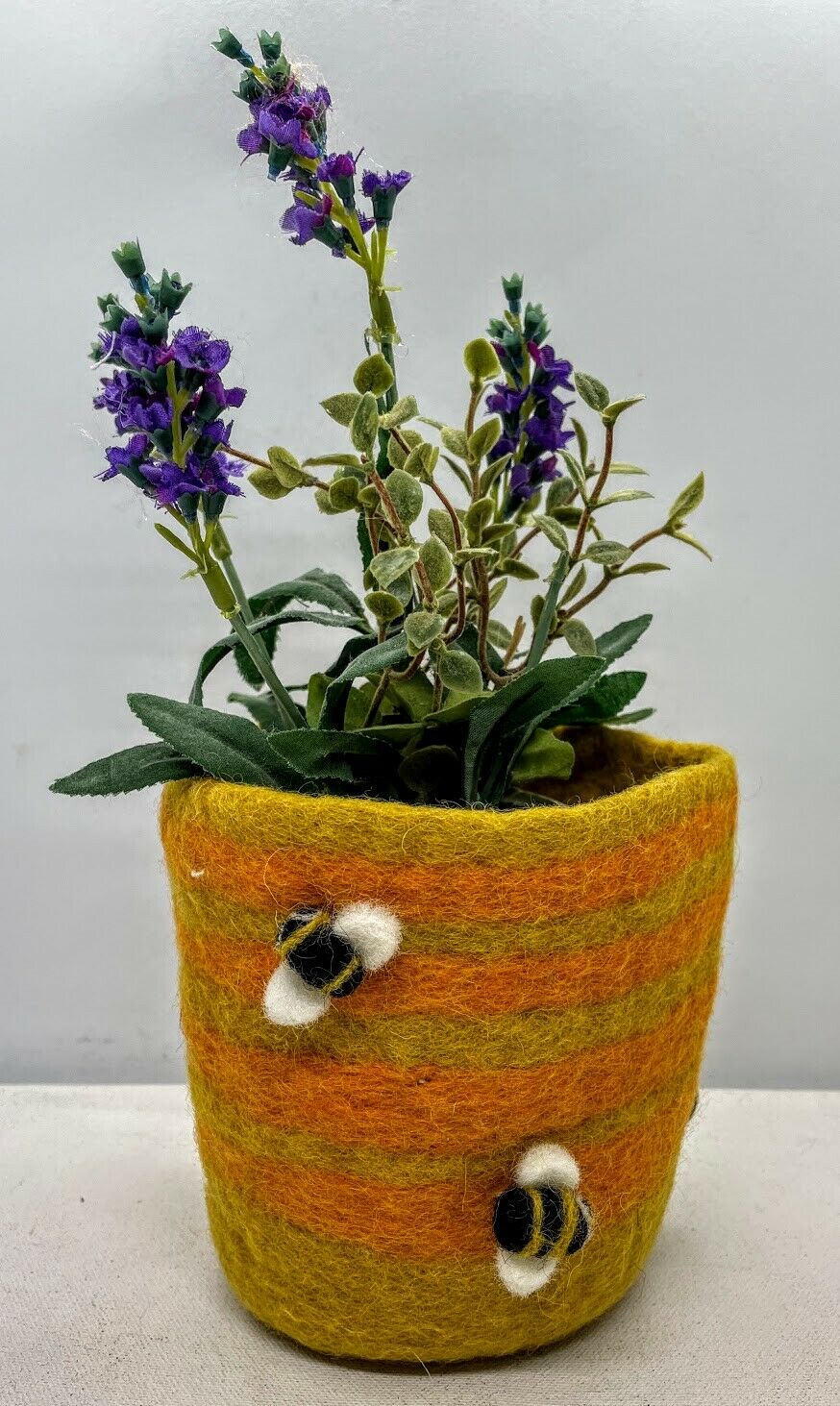 Primitive Folk Art Handmade Felted Bumble Bee Pot Yellow/Orange Stripe - The Primitive Pineapple Collection